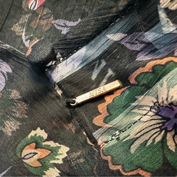 MISA Los Angeles Lulu Floral Top XS blouse long sleeve sheer tie bow black mock - Picture 16 of 16